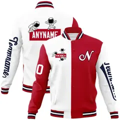 White Red Two Tone Split Full-Snap Letterman Jacket Raglan Sleeves 1