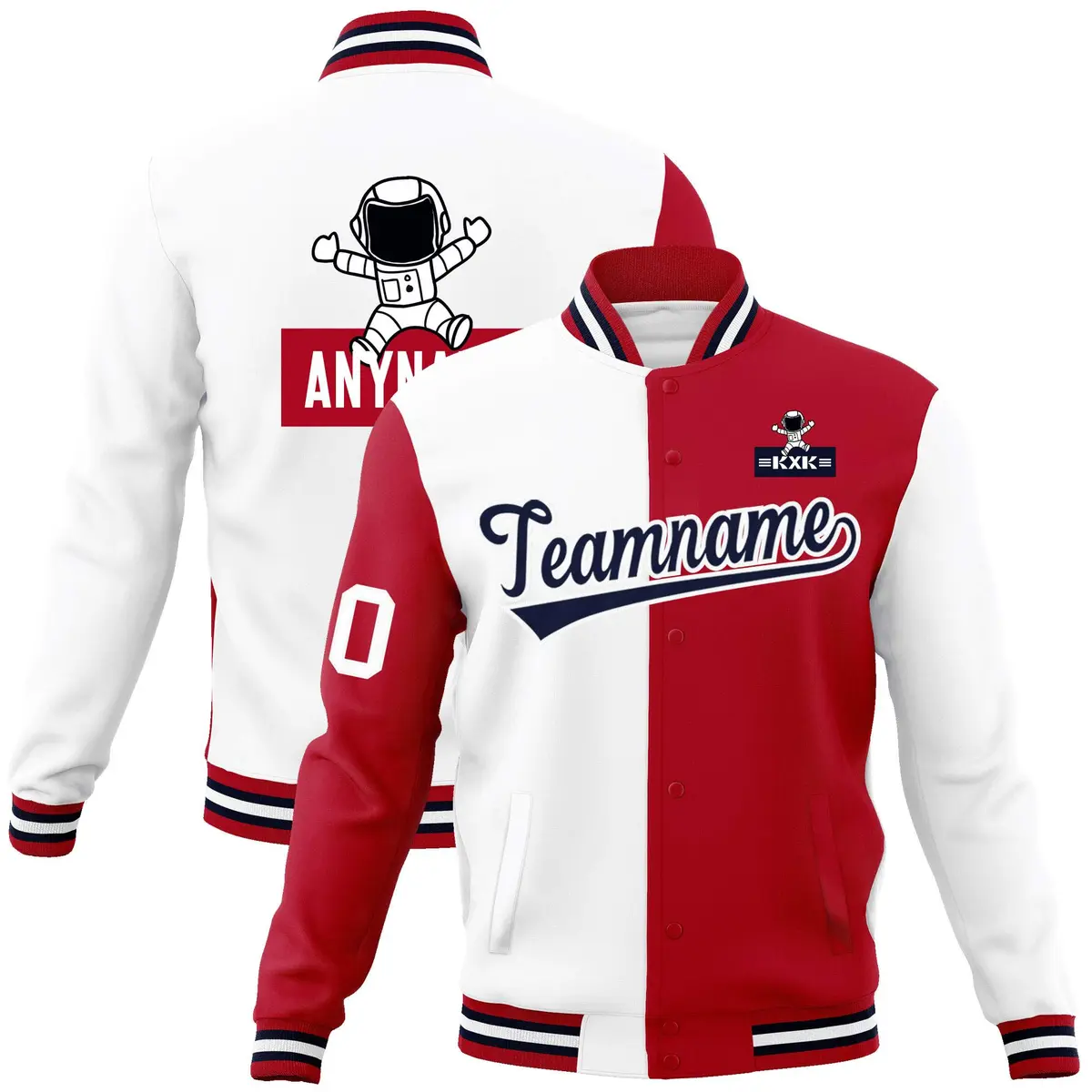 White Red Two Tone Split Full-Snap Letterman Jacket Raglan Sleeves