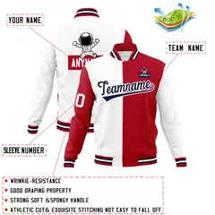 White Red Two Tone Split Full-Snap Letterman Jacket Raglan Sleeves 4