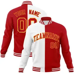 White Red Two Tone Split Varsity Full-Snap Letterman Jacket