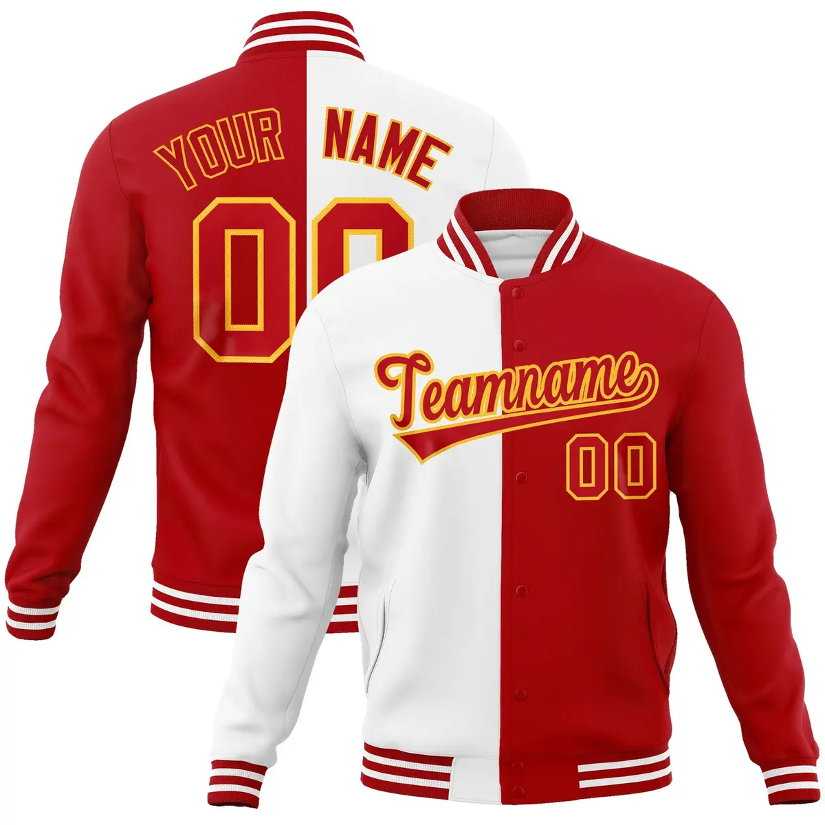 White Red Two Tone Split Varsity Full-Snap Letterman Jacket