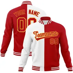 White Red Two Tone Split Varsity Full-Snap Letterman Jacket