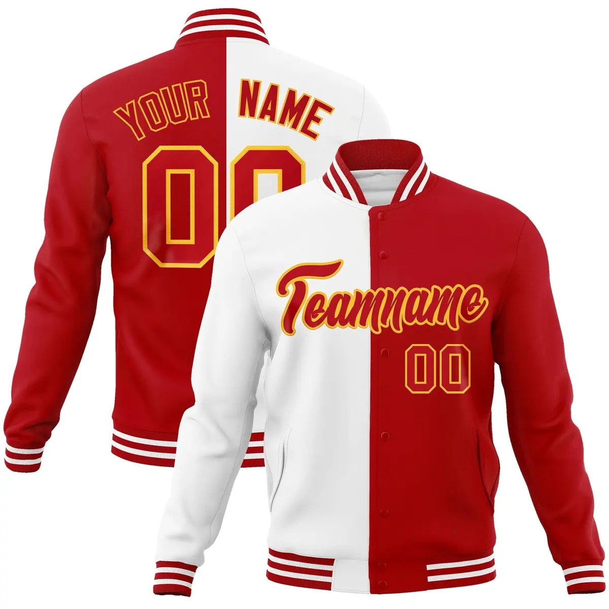 White Red Two Tone Split Varsity Full-Snap Letterman Jacket