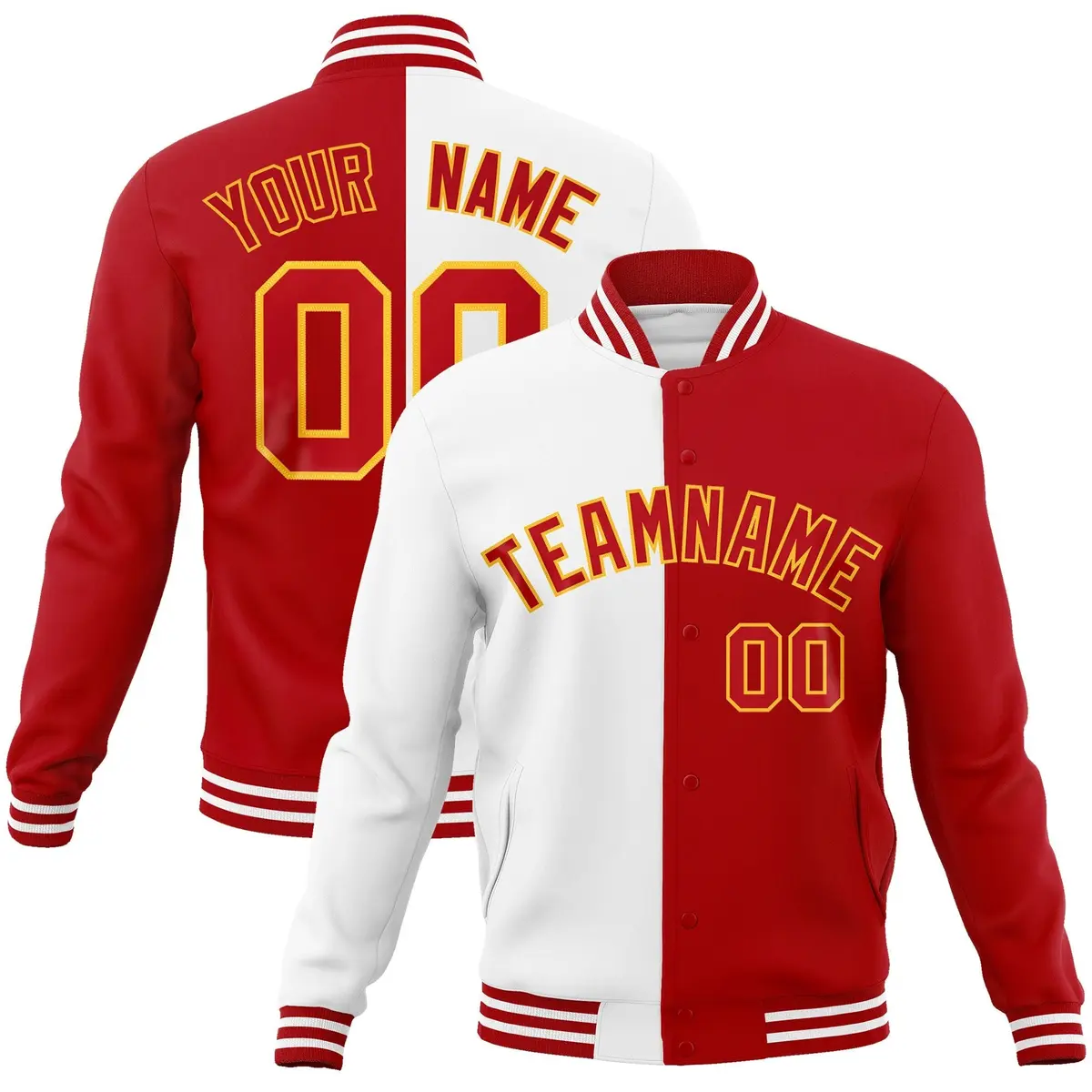 White Red Two Tone Split Varsity Full-Snap Letterman Jacket