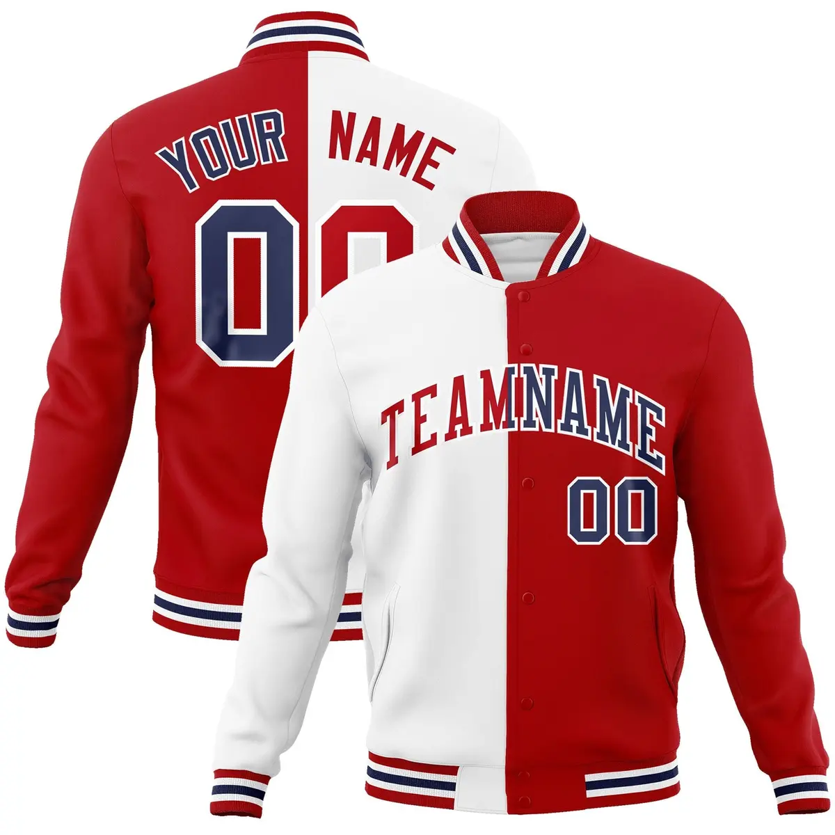 White Red Two Tone Split Varsity Full-Snap Letterman Jacket
