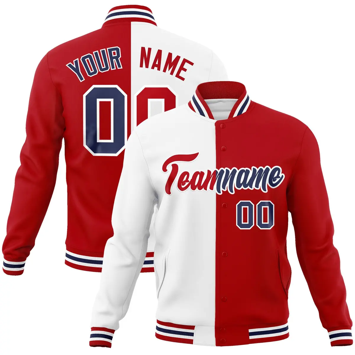 White Red Two Tone Split Varsity Full-Snap Letterman Jacket