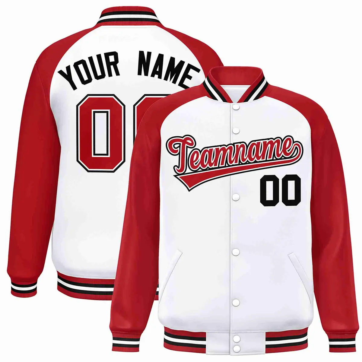 White Red-White Raglan Sleeves Full-Snap Varsity Letterman Jacket