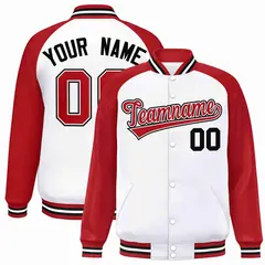 White Red-White Raglan Sleeves Full-Snap Varsity Letterman Jacket