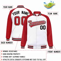 White Red-White Raglan Sleeves Full-Snap Varsity Letterman Jacket 2