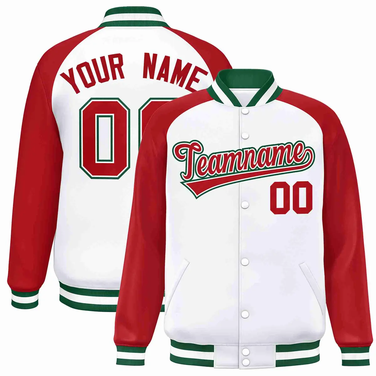 White Red-White Raglan Sleeves Full-Snap Varsity Letterman Jacket