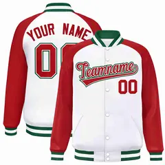 White Red-White Raglan Sleeves Full-Snap Varsity Letterman Jacket 1