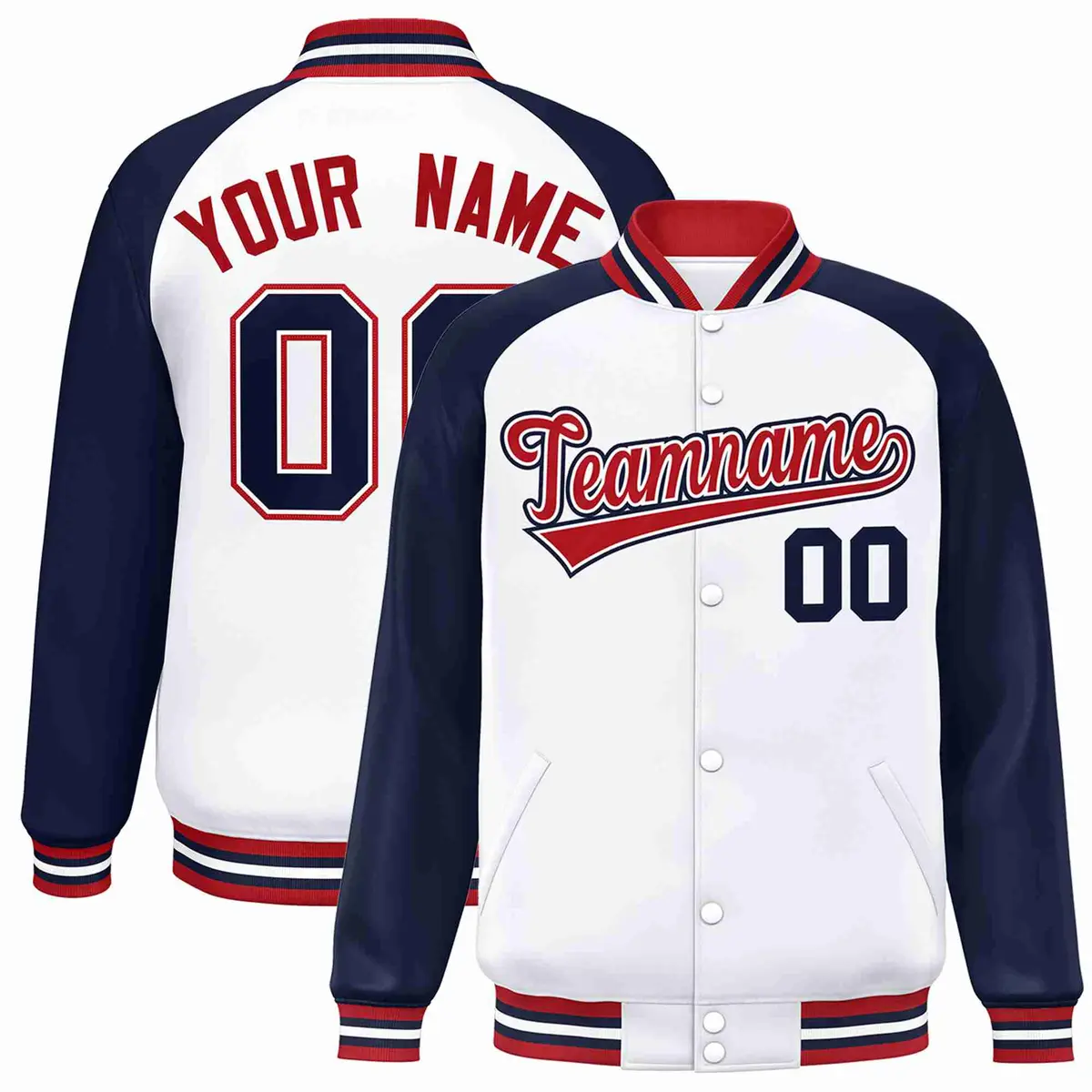 White Red-White Raglan Sleeves Full-Snap Varsity Letterman Jacket