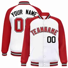 White Red-White Raglan Sleeves Full-Snap Varsity Letterman Jacket