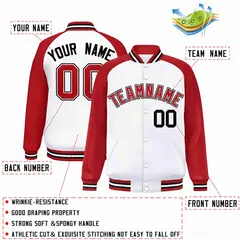 White Red-White Raglan Sleeves Full-Snap Varsity Letterman Jacket 2