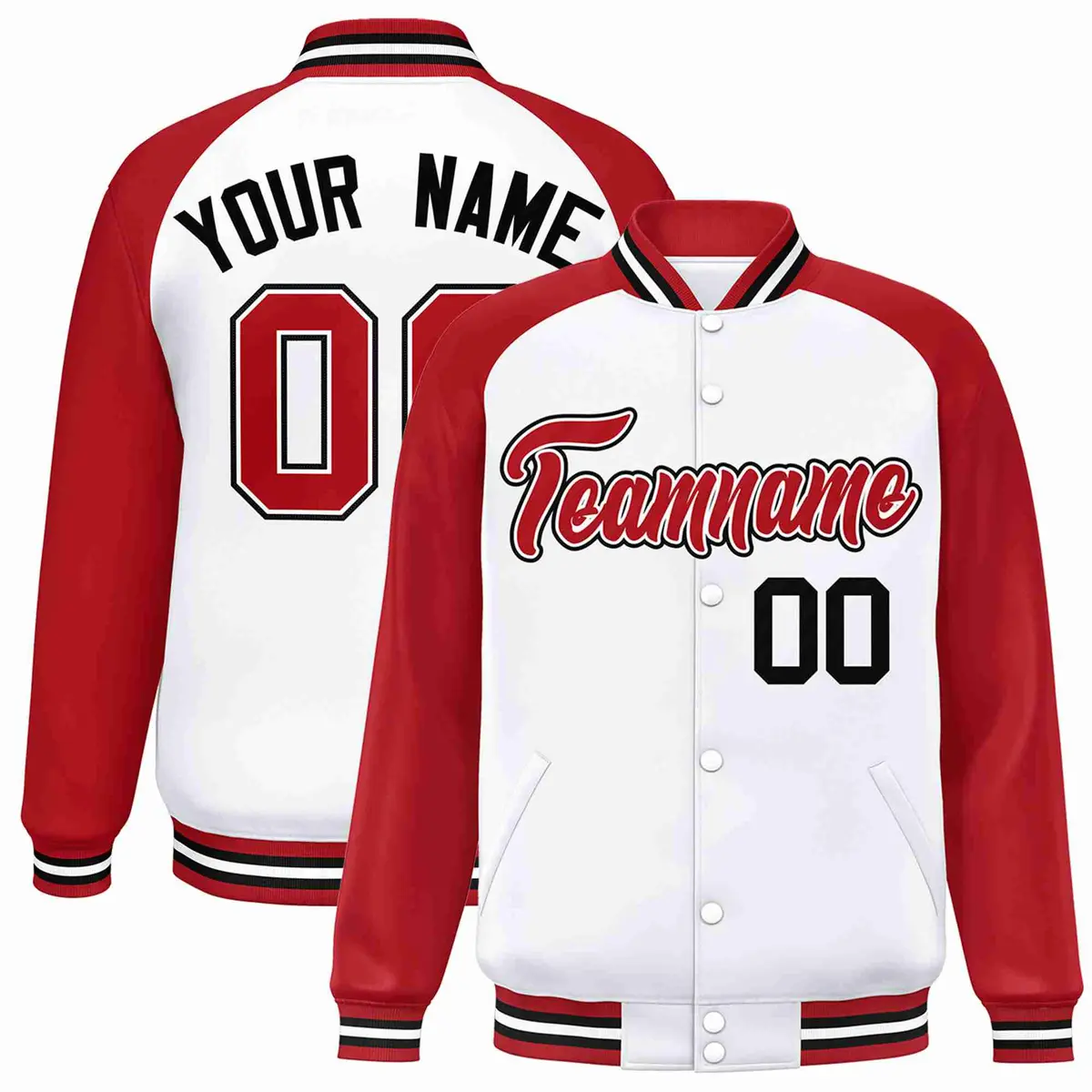 White Red-White Raglan Sleeves Full-Snap Varsity Letterman Jacket