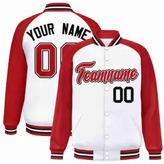 White Red-White Raglan Sleeves Full-Snap Varsity Letterman Jacket