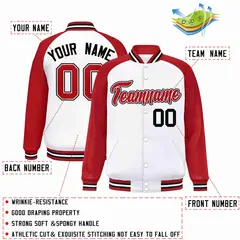 White Red-White Raglan Sleeves Full-Snap Varsity Letterman Jacket 2