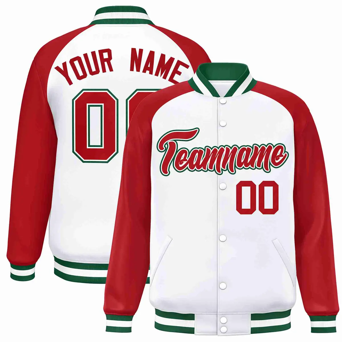 White Red-White Raglan Sleeves Full-Snap Varsity Letterman Jacket