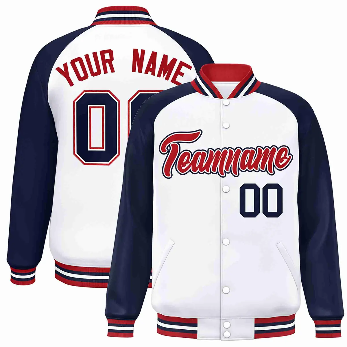 White Red-White Raglan Sleeves Full-Snap Varsity Letterman Jacket