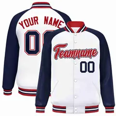 White Red-White Raglan Sleeves Full-Snap Varsity Letterman Jacket 1