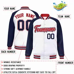 White Red-White Raglan Sleeves Full-Snap Varsity Letterman Jacket 2