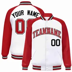 White Red-White Raglan Sleeves Full-Snap Varsity Letterman Jacket