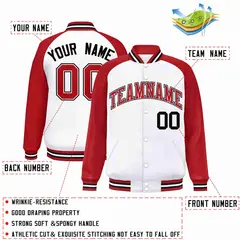 White Red-White Raglan Sleeves Full-Snap Varsity Letterman Jacket 2