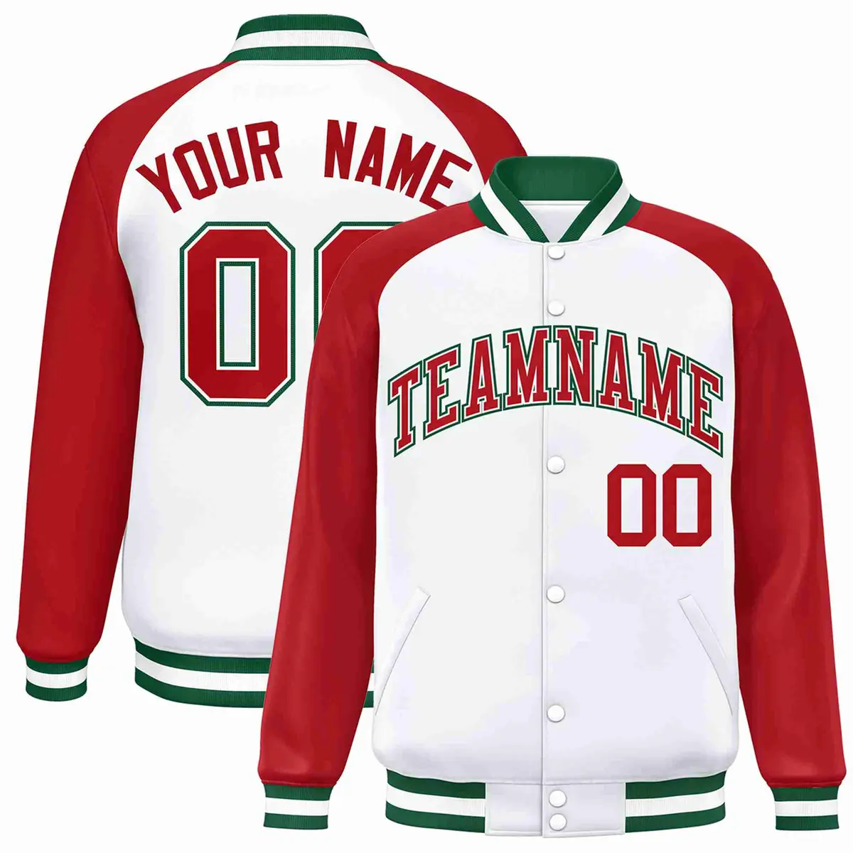White Red-White Raglan Sleeves Full-Snap Varsity Letterman Jacket