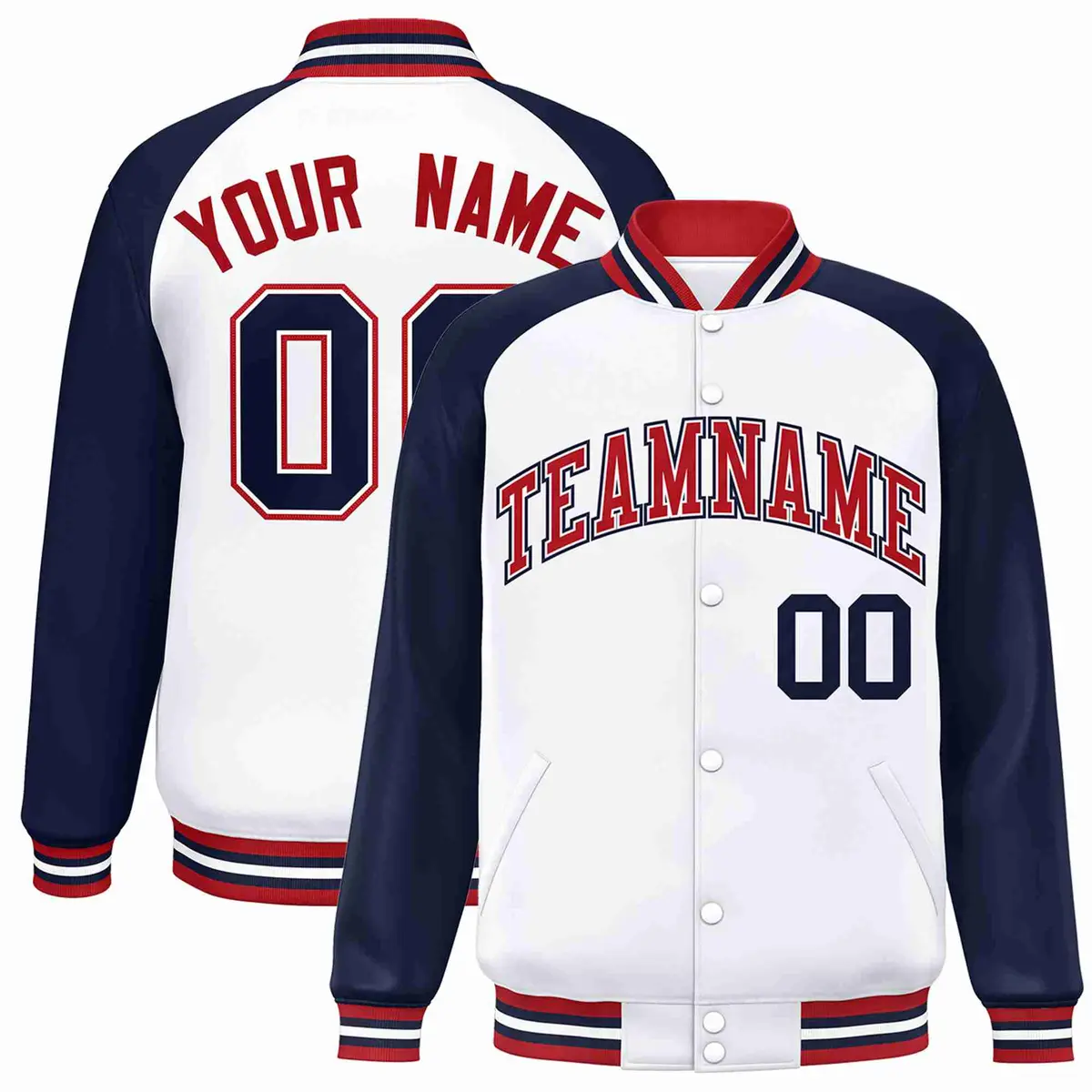 White Red-White Raglan Sleeves Full-Snap Varsity Letterman Jacket