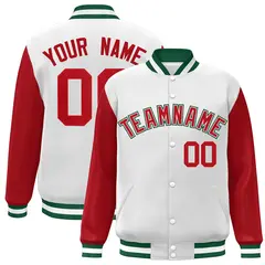White Red-White Raglan Sleeves Full-Snap Varsity Letterman Jacket
