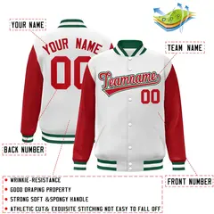 White Red-White Raglan Sleeves Full-Snap Varsity Letterman Jacket 2
