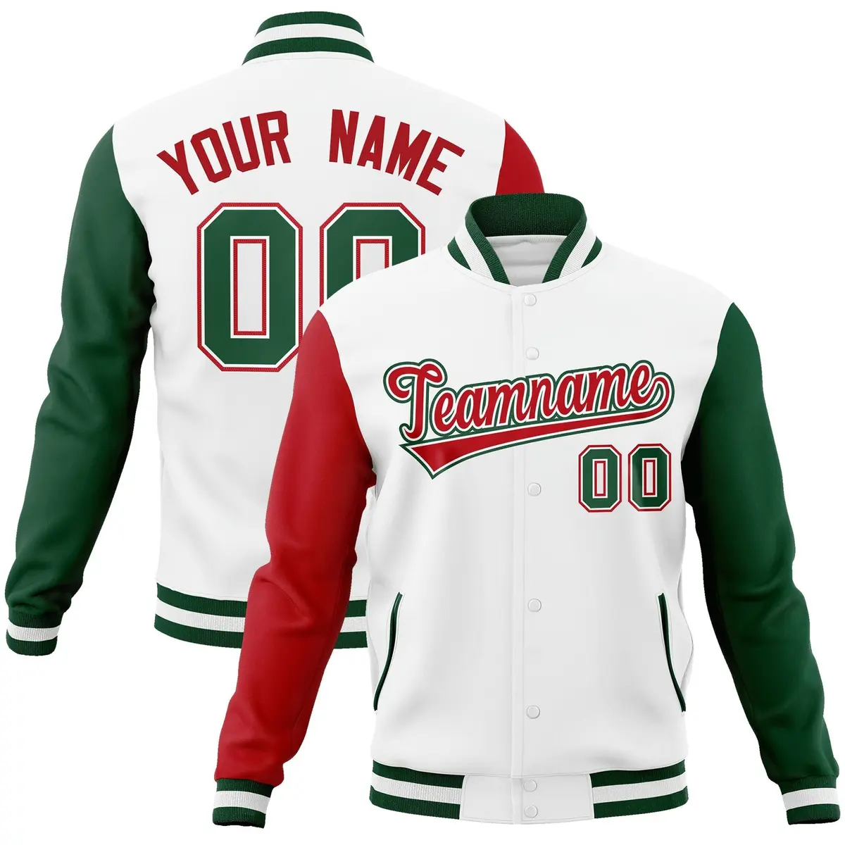 White Red-White Raglan Sleeves Full-Snap Varsity Letterman Jacket