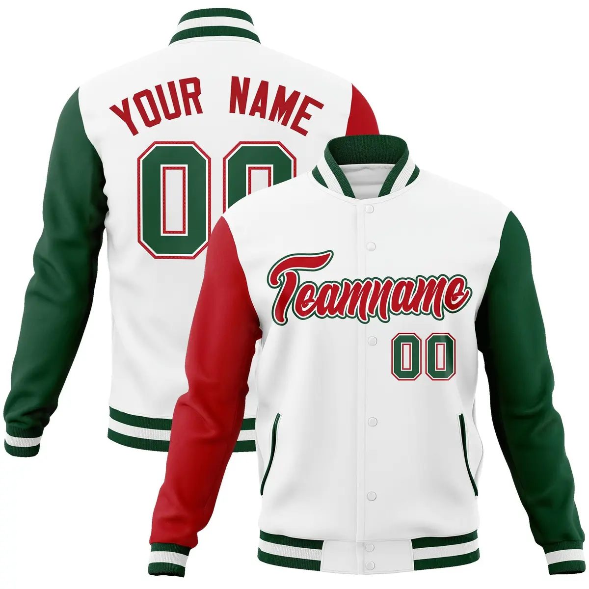 White Red-White Raglan Sleeves Full-Snap Varsity Letterman Jacket