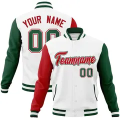 White Red-White Raglan Sleeves Full-Snap Varsity Letterman Jacket 1