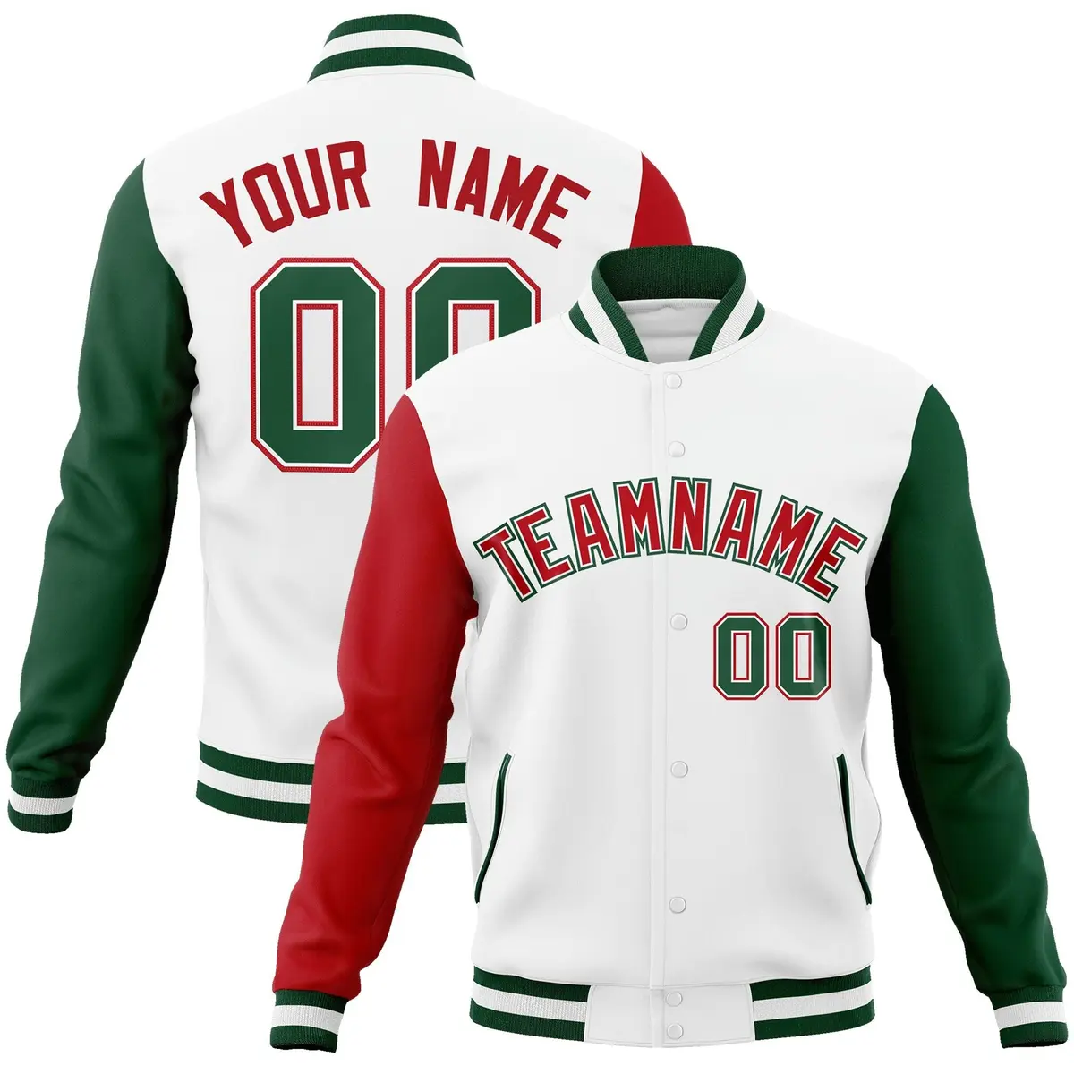 White Red-White Raglan Sleeves Full-Snap Varsity Letterman Jacket