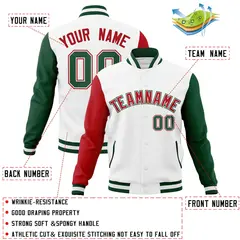White Red-White Raglan Sleeves Full-Snap Varsity Letterman Jacket 4