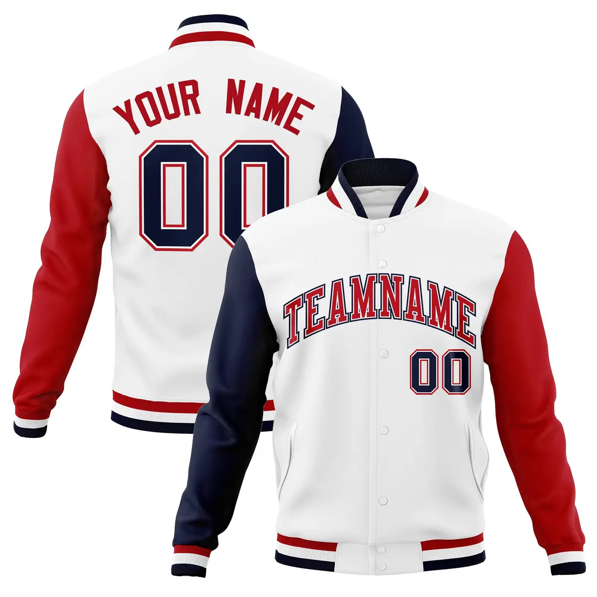 White Red-White Raglan Sleeves Full-Snap Varsity Letterman Jacket