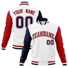 White Red-White Raglan Sleeves Full-Snap Varsity Letterman Jacket 1