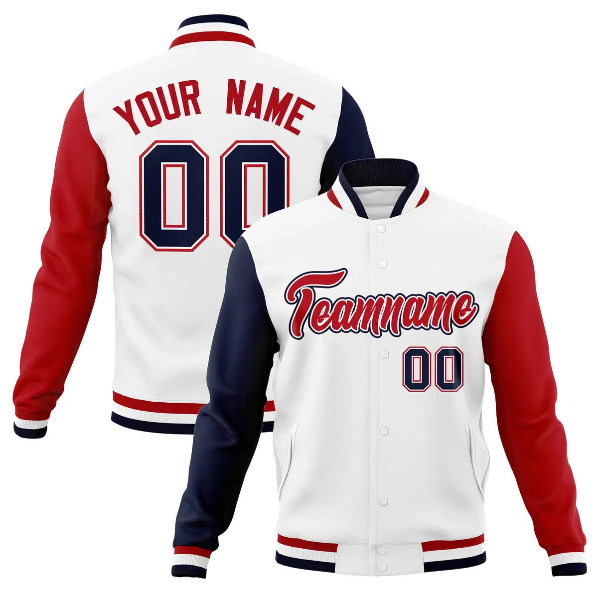 White Red-White Raglan Sleeves Full-Snap Varsity Letterman Jacket