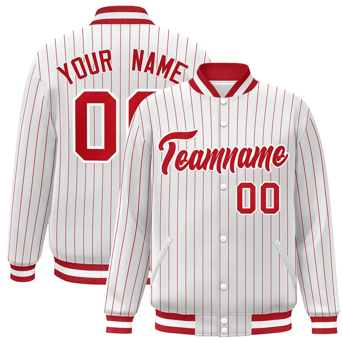 White Red-White Stripe Letterman Bomber Varsity Jacket