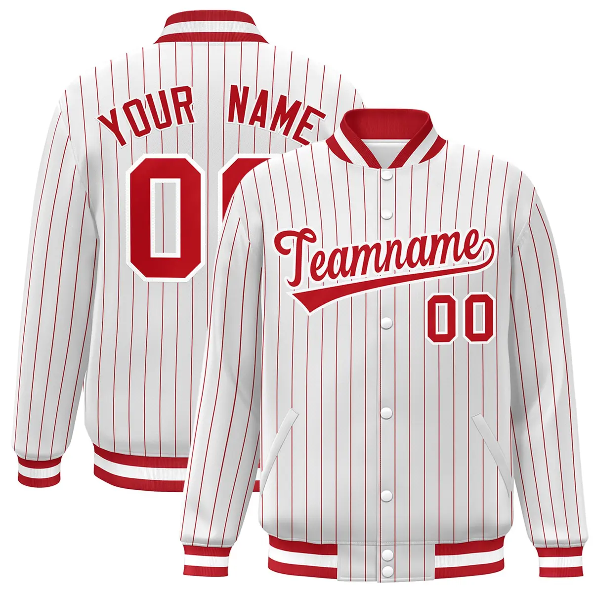White Red-White Stripe Letterman Bomber Varsity Jacket