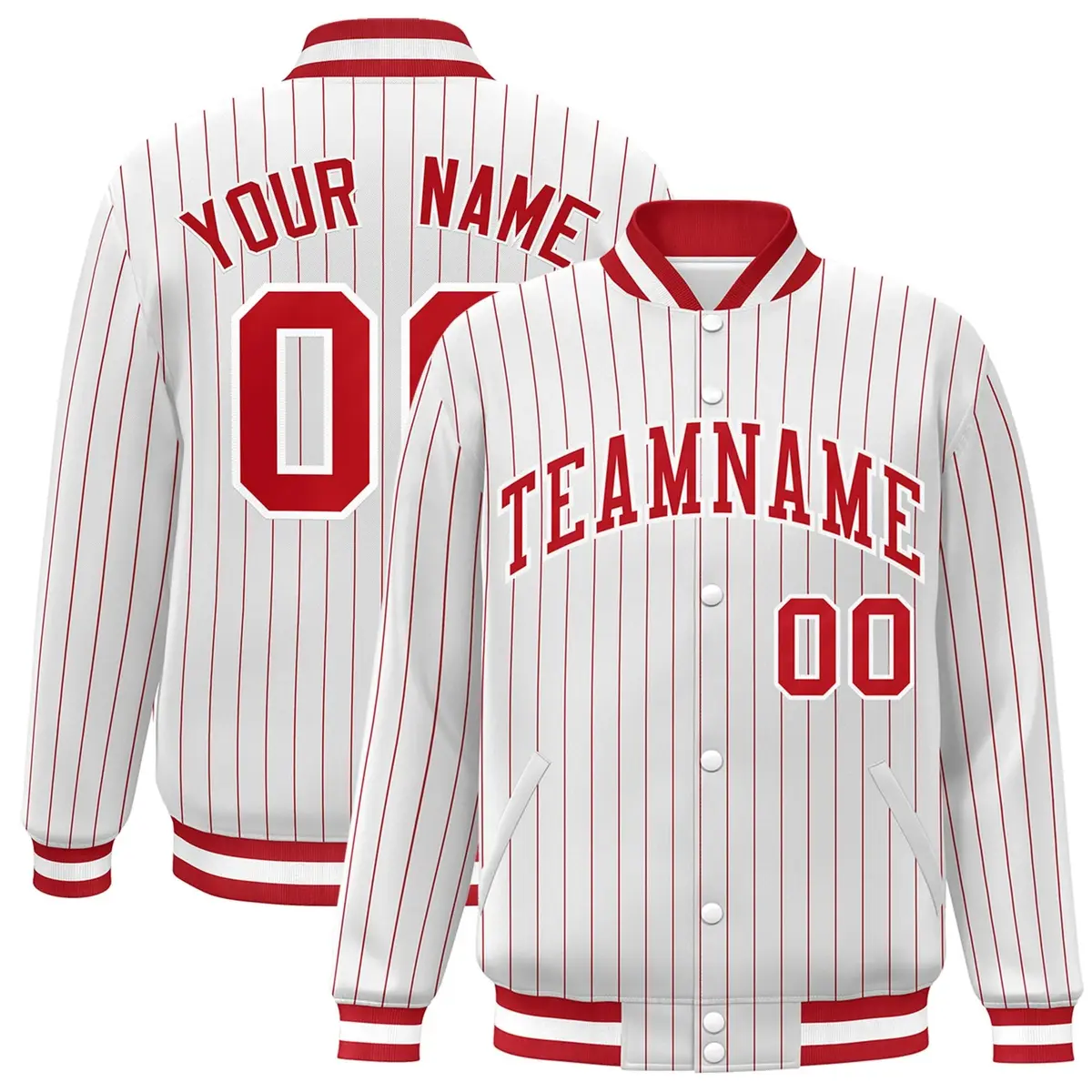 White Red-White Stripe Letterman Bomber Varsity Jacket