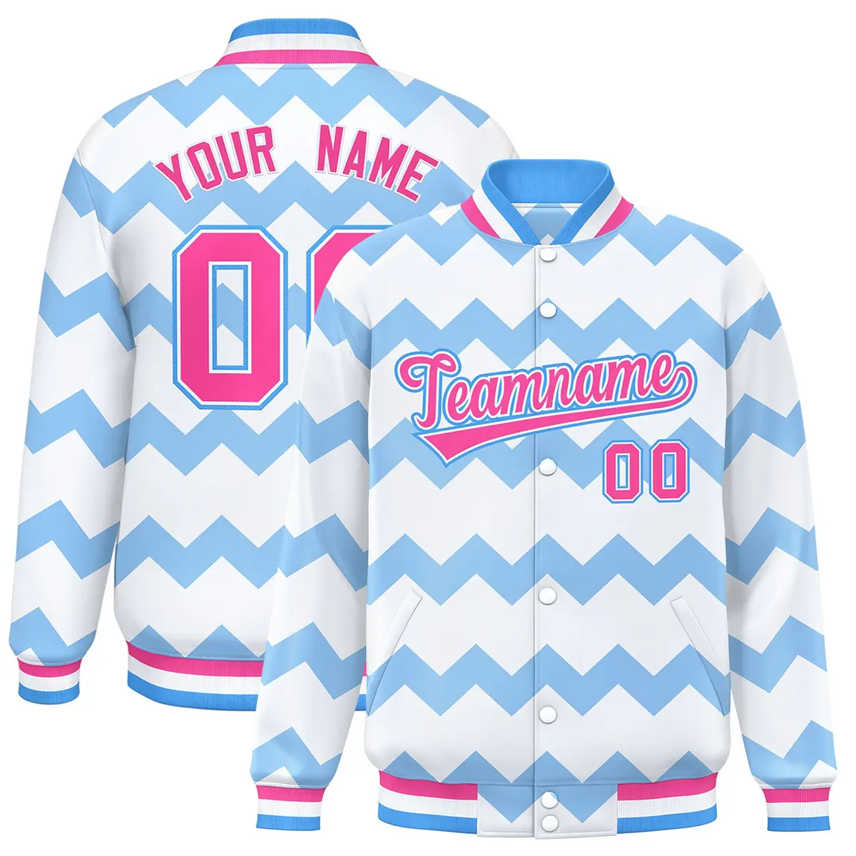 White Ripple Color Block Full-Snap Varsity Letterman Jacket