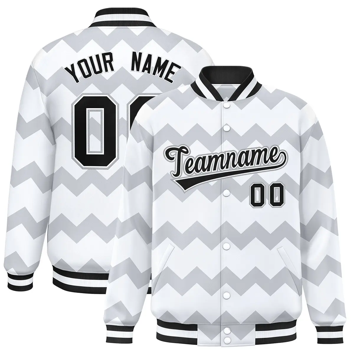 White Ripple Color Block Full-Snap Varsity Letterman Jacket