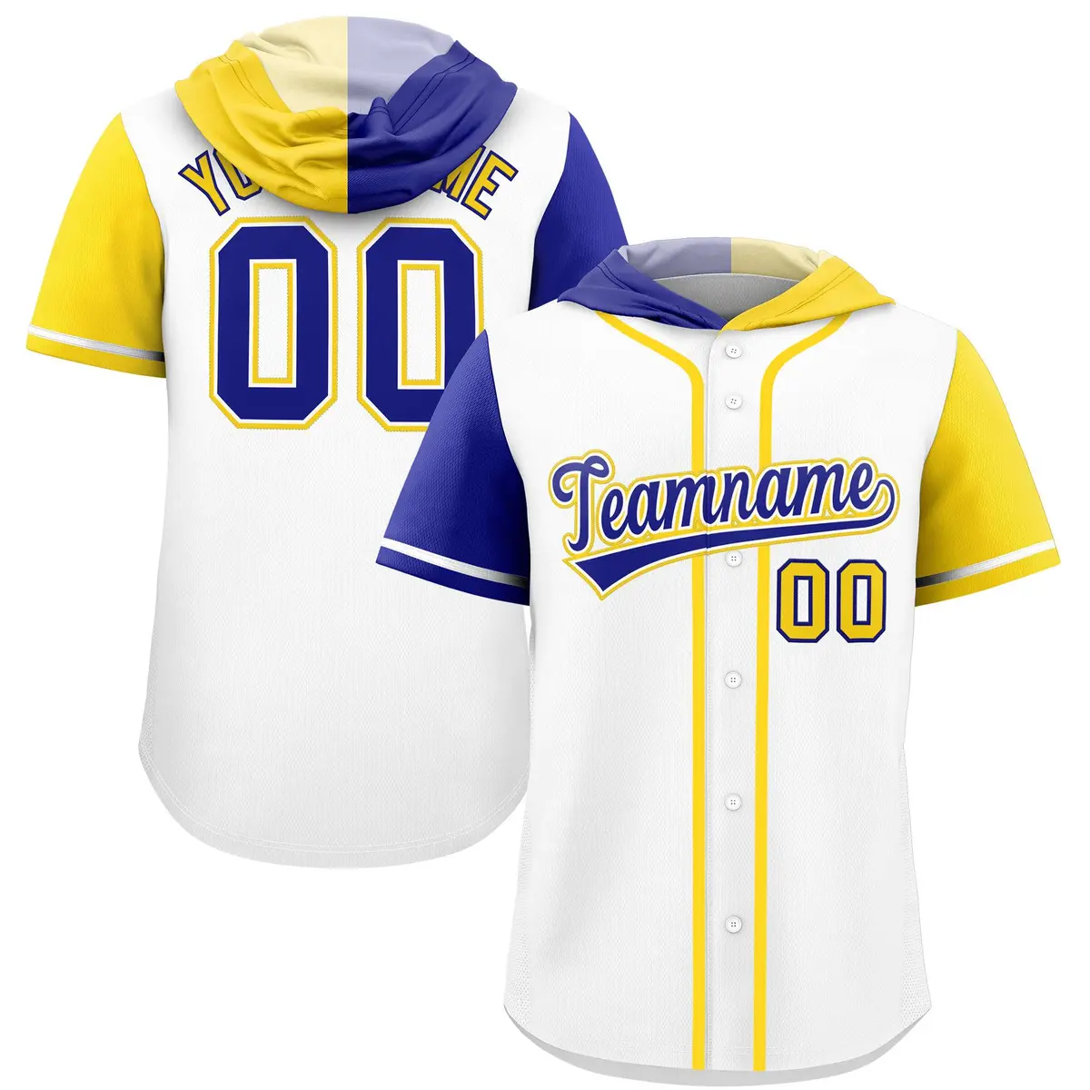 White Royal and Gold Split Raglan Baseball Hoodie Jersey