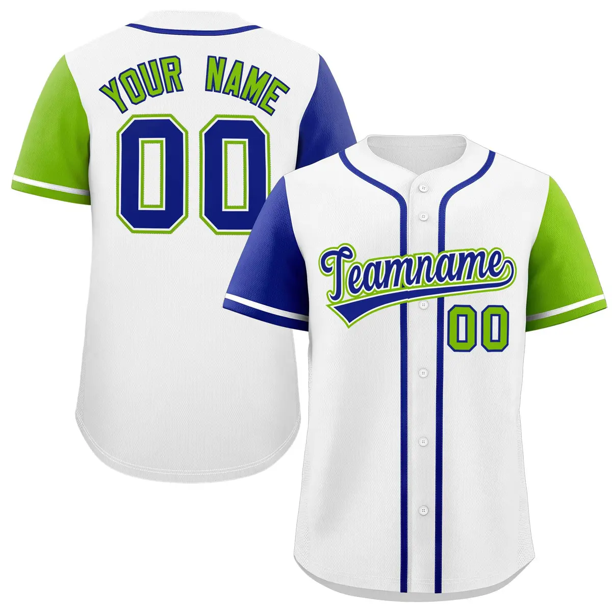 White Royal and Neon Green Raglan Sleeves Baseball Jersey