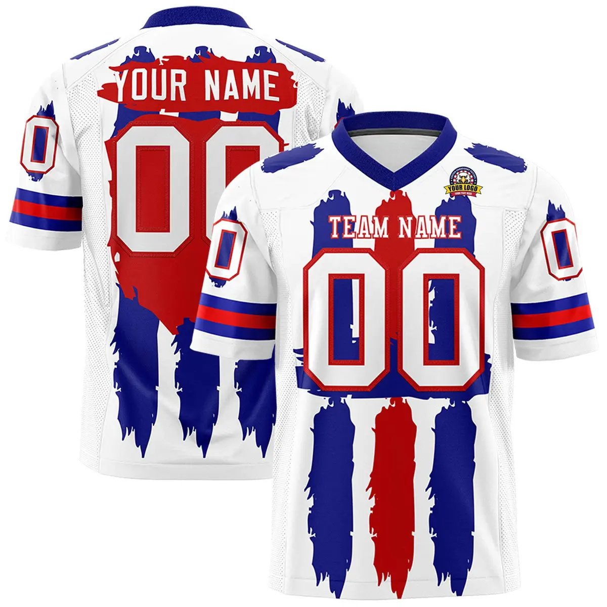 White Royal and Red Graffiti Pattern Flag Football Jersey