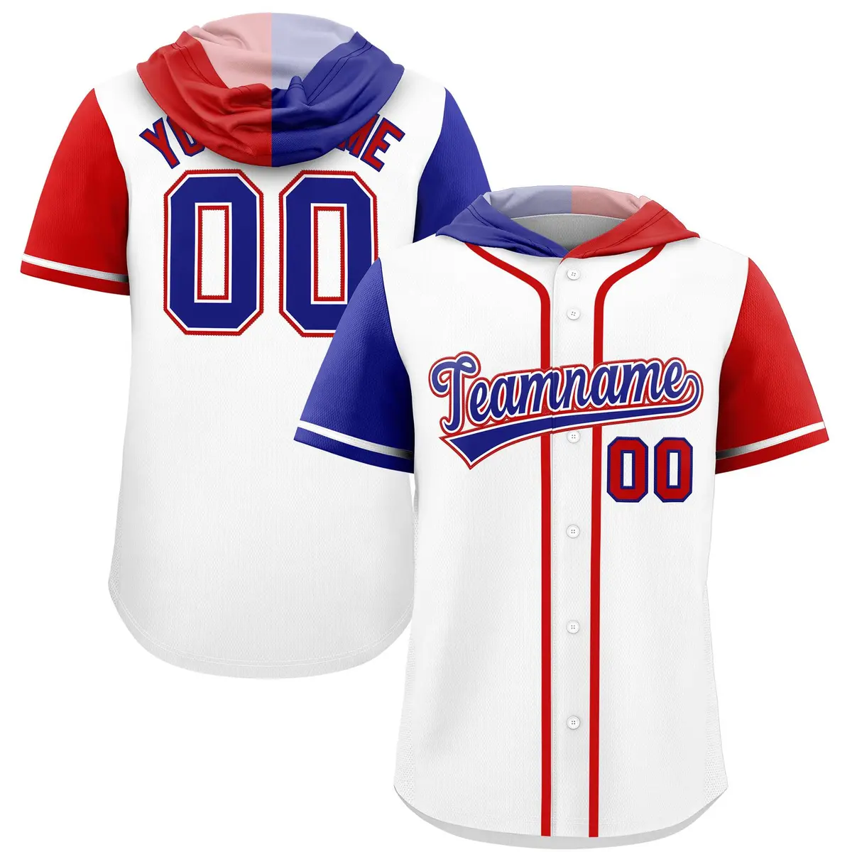 White Royal and Red Split Raglan Baseball Hoodie Jersey