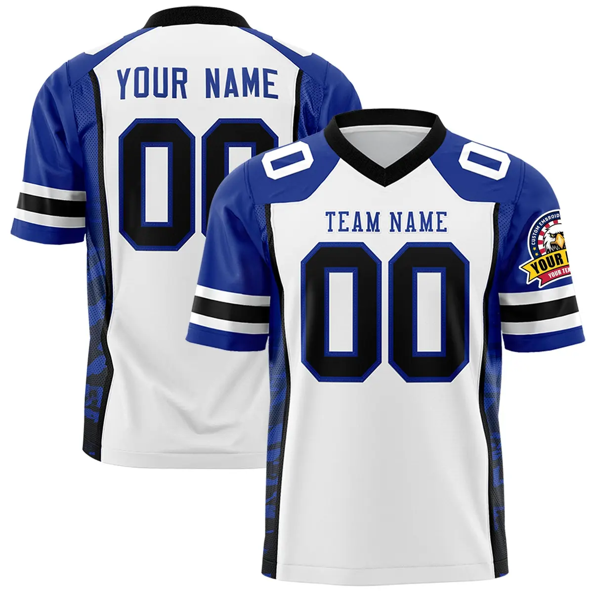 White Royal-Black Raglan Side Pattern Football Jersey