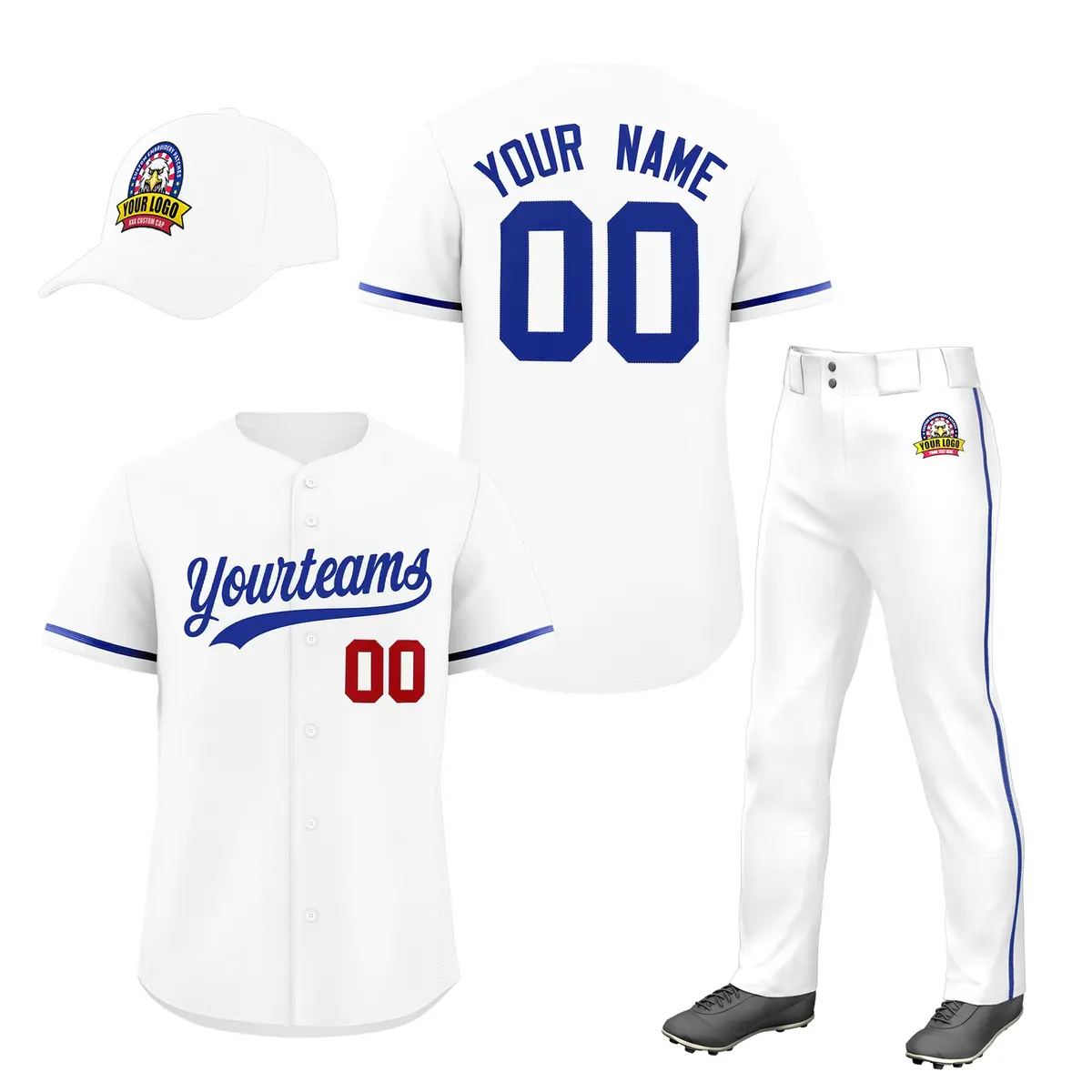 White Royal Blue Baseball Jersey Pants Hat Uniform Package